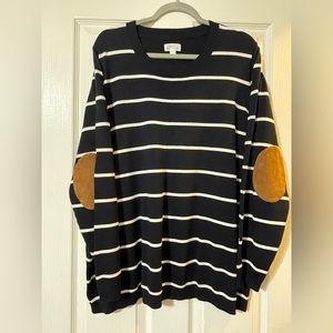 Navy/White sweater with suede elbow patches / Market & Spruce / 3x